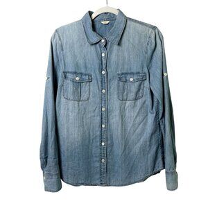 J Crew Keeper Chambray Button Front Shirt Womens 8 Blue Long Roll Tab Sleeve